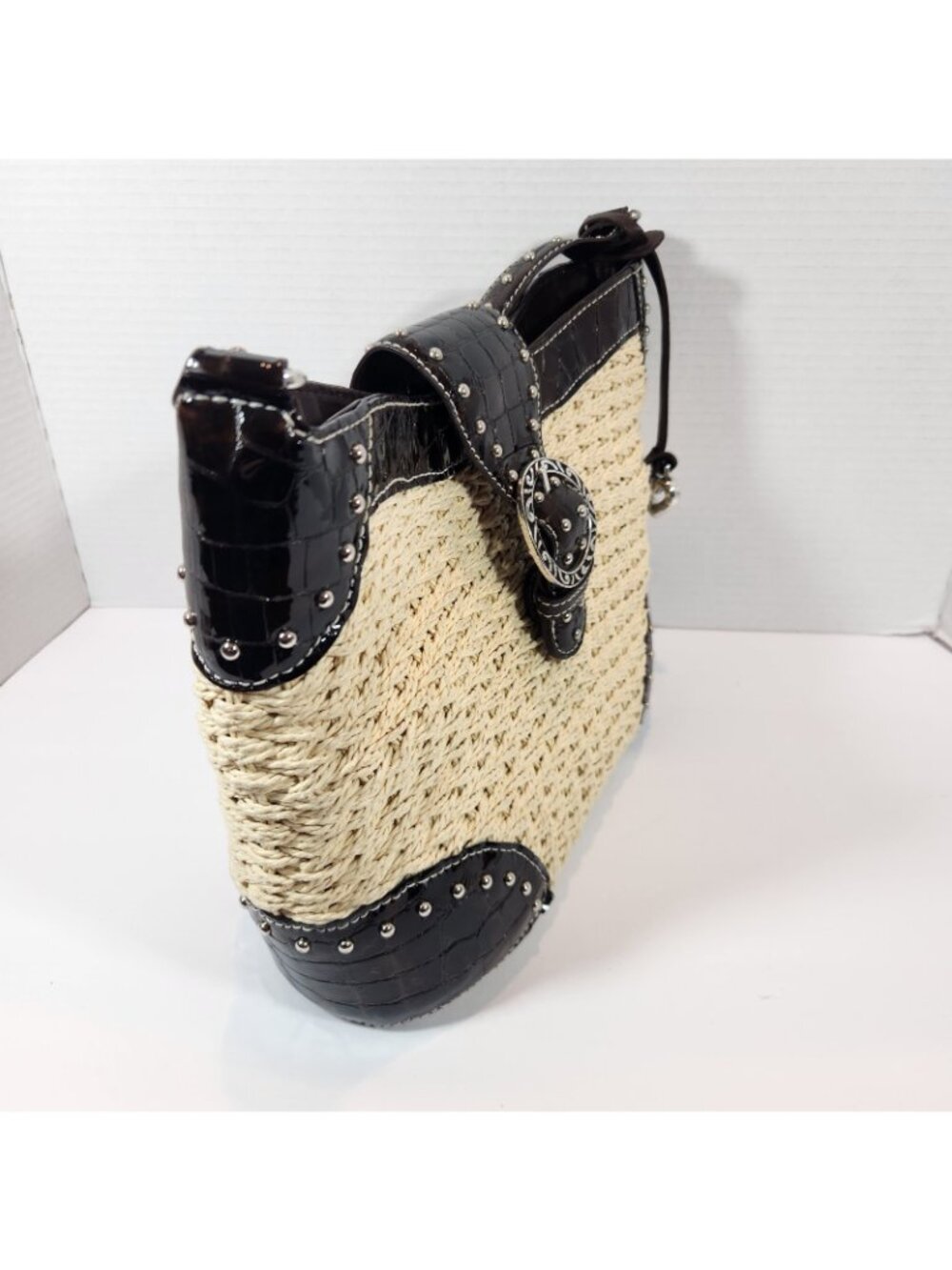 Brighton Woven Tan Straw Studded Brown Leather Handbag Purse Bag DEFECT STRAP - Picture 4 of 16